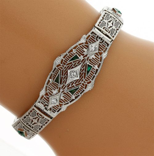 antique-diamond-emerald-filigree-bracelet